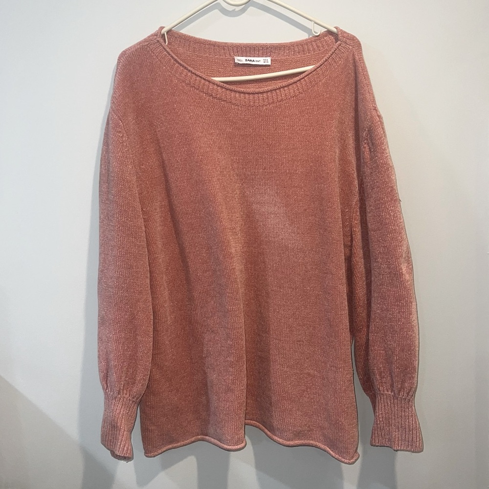 Zara Knit Women's Sweater Rose Pink Soft Knit Puffed Long Sleeve Top